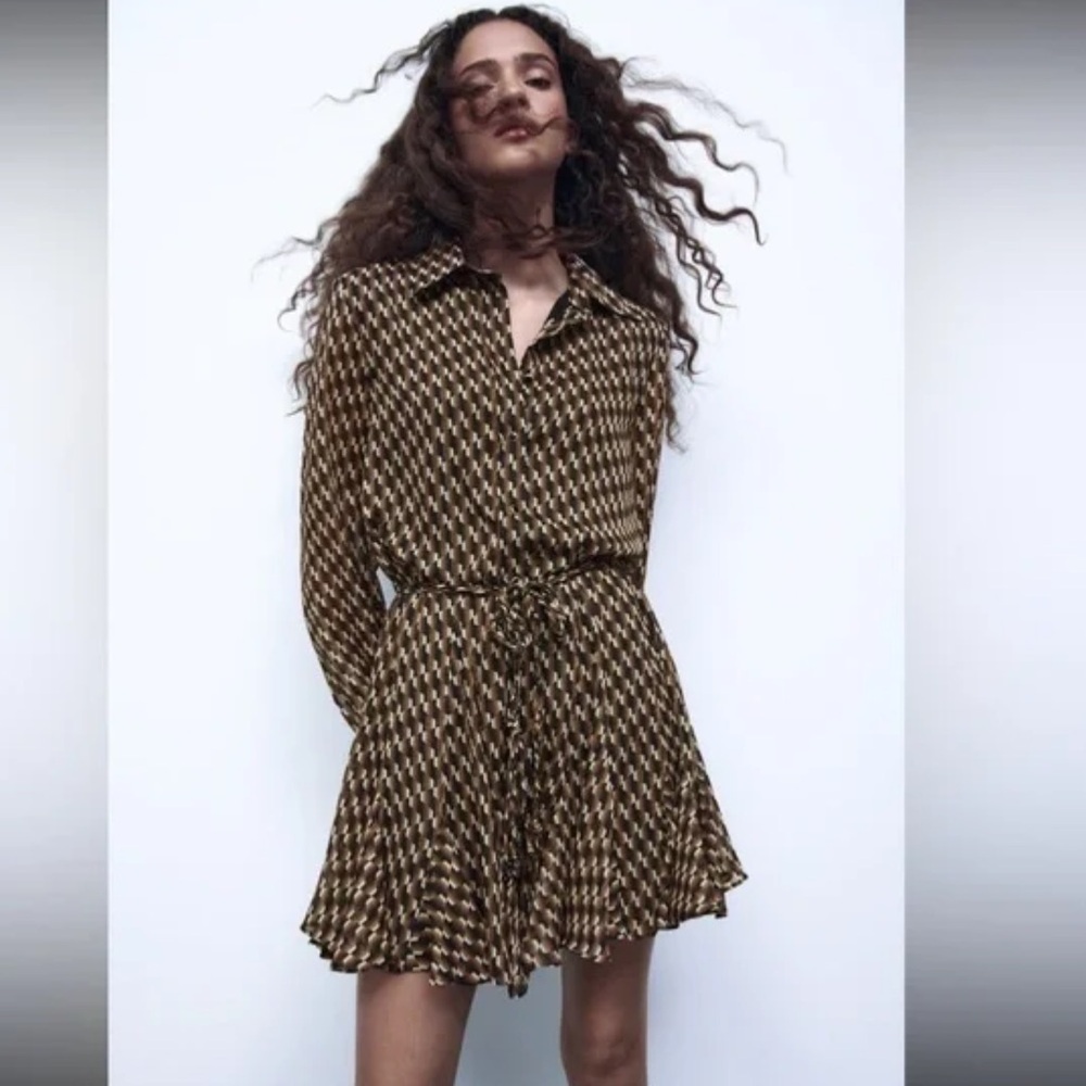 Zara Brown Gold Geometric Print Ruffled Long Sleeve Button Down Belted Dress Sโ